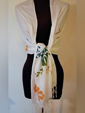 White Floral & Leaf Print Scarf Wrap - Lightweight Women’s Accessory